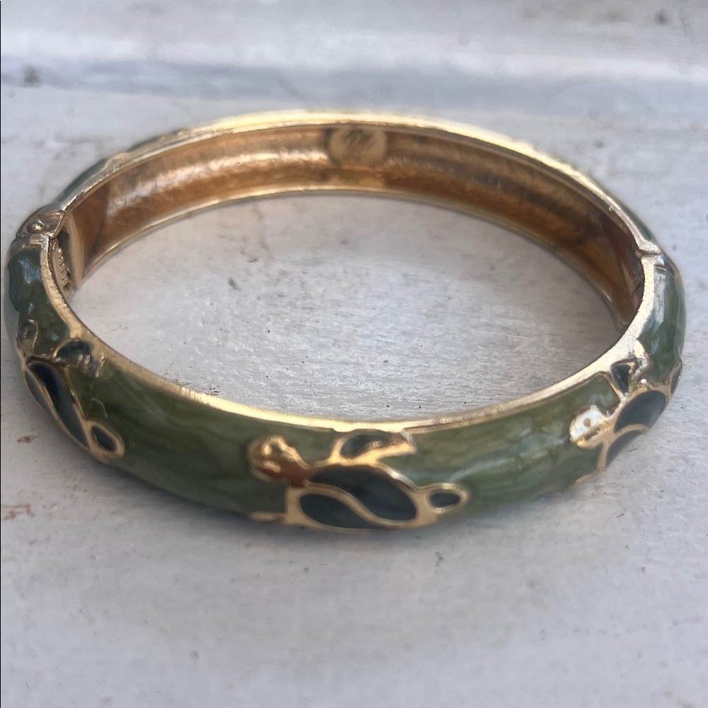 Gold-Tone Green Enamel Floral Bangle Bracelet